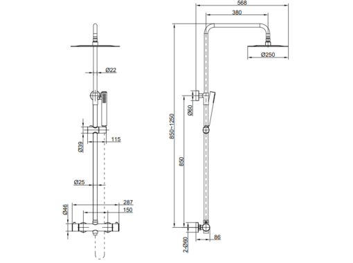 XL Vision Neo Brushed Rose Gold PVD Thermostatic Shower Set - Technical Drawing Neo Thermostatic Shower Set