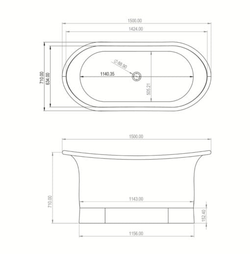 XL Vision Bertha Copper Bath - Technical Drawing 1500mm