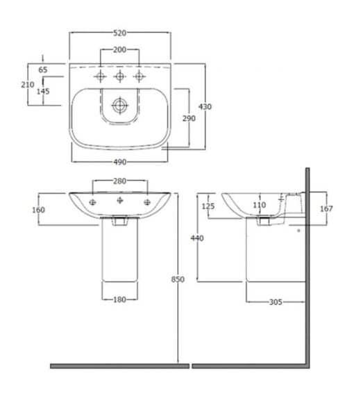 Semi-Pedestal Basin 550mm - 550mm semi pedestal technical drawing