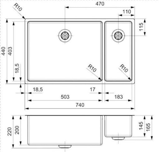 Kent Kitchen Sink 500x400mm+180x400mm Stainless Steel - technical drawing 1 1