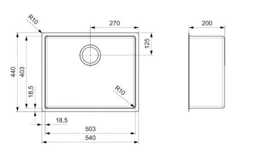 Lewes Kitchen Sink 500x400mm Brush Rose Gold - technical drawing 500x400 1