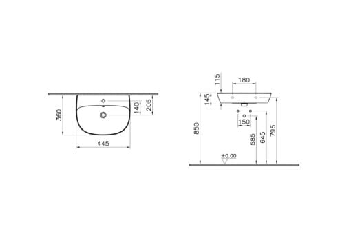 Cloakroom Basin 445mm - technical drawing cloakroom basin rotated
