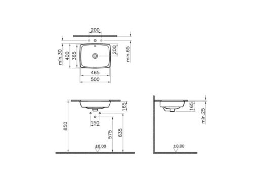 Undercounter Rectangular Basin 500mm - technical drawing rectangular 500mm
