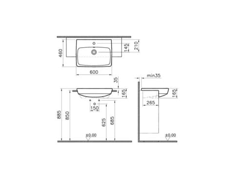 Semi-Recessed Rectangular Basin 600mm - technical drawing rectangular
