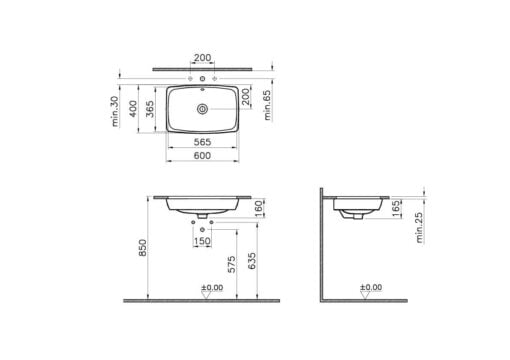 Undercounter Rectangular Basin 600mm - technical drawing rectangular 600mm