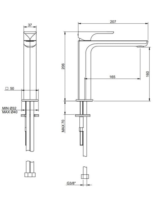 Technical drawing of a small tap with measurements