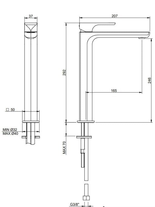 Technical Drawing of tap with measurements