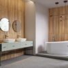 Large luxury bathroom with modern design elements, mirrors and lights