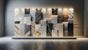A panoramic banner displaying a luxurious lineup of polished stone slabs, each with a distinct texture and hue that represents its material