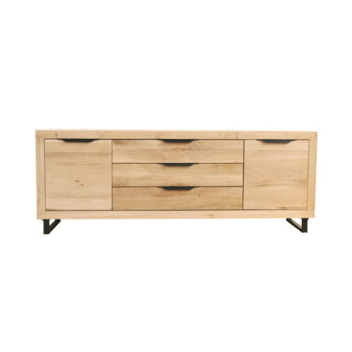 an oak sideboard with 3 drawers and 2 doors metal legs