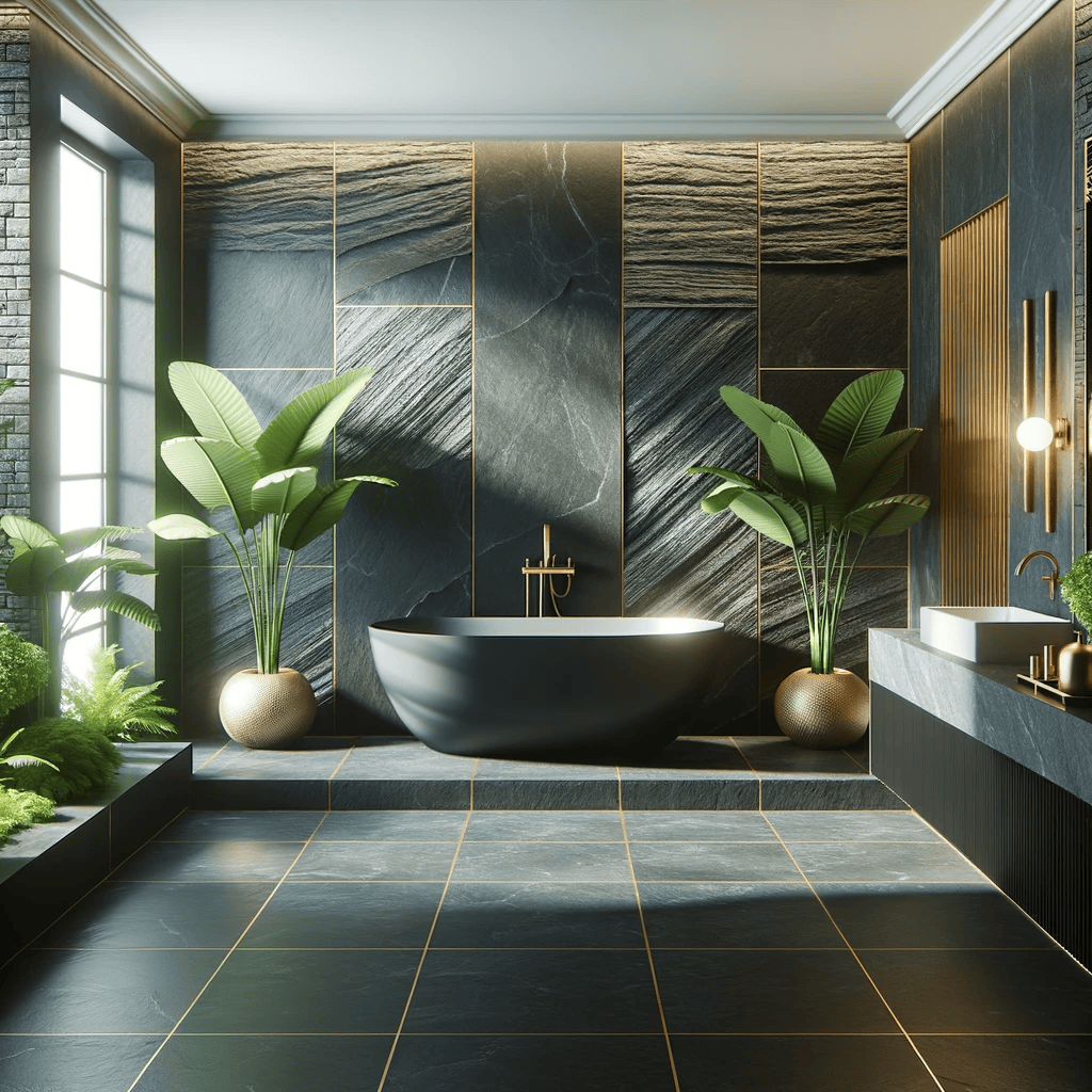 An illustration of a bathroom with slate slab flooring and wall accents, creating a luxurious feel