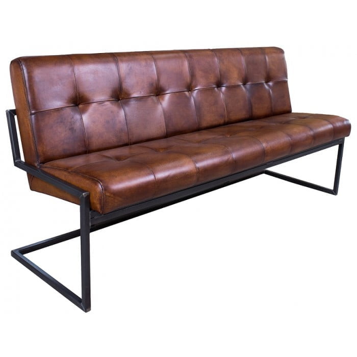 leather industrial bench metal legs leather seating buttoned back no arms bench